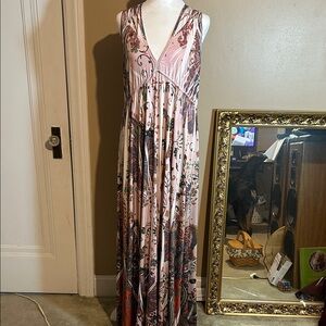 Y2K Emerald "Silky" Slip-on Distressed Look Floral Pink Maxi Dress Size L